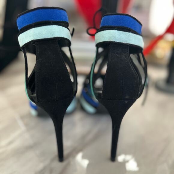Zara Blue, Black & Green Caged Lace Up Gladiator Heels - Picture 3 of 8